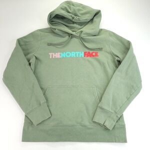 The North Face Hoodie Womens Medium Green with Pink Blue Red Spell Out Gorpcore